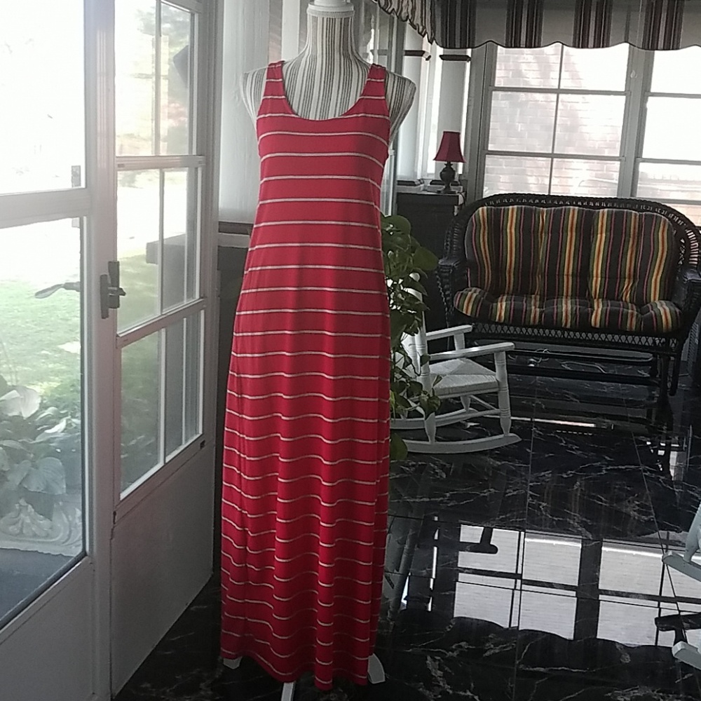 Red & grey striped tank maxi